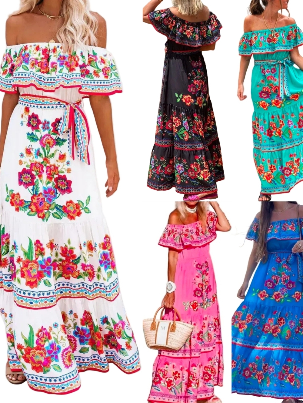 Floral Ruffle Off Shoulder Belted Elastic Waist Retro 70s Tiered Boho Maxi Dress - Picture 9 of 9